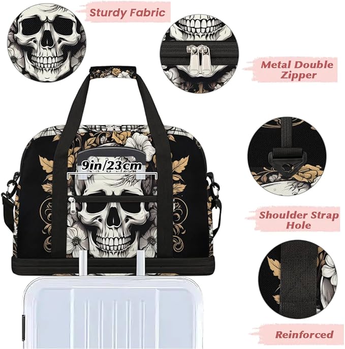 cfpolar Woman Travel Duffel Bag Vintage Flower Skull Foldable Tote Carry On Luggage Sports Gym Bag With Shoe Compartment Overnight Weekend Yoga Workout Bag Training Handbag