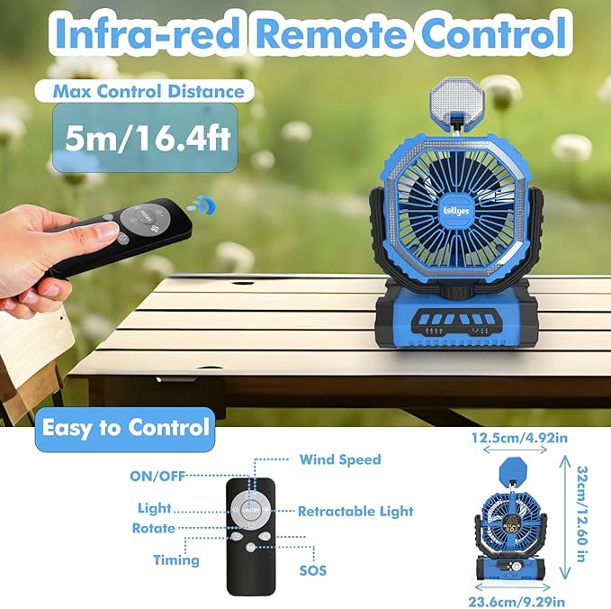 Portable Camping Fan with Led Lantern, 20000mah Rechargeable Battery Outdoor Fan,4 Speed with Remote, Auto Oscillation, 360° Rotation Hook, for Camping, Power Outage,Hurricane, Home (Blue)