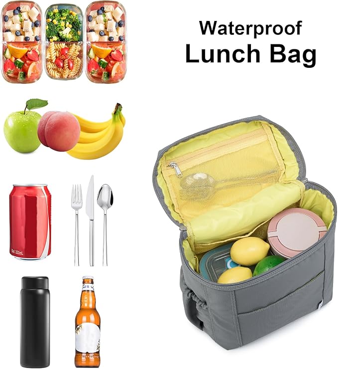 NOL Natural Organic Lifestyle Insulated Lunch Bags for Women Cooler Bag Lightweight Nylon Waterproof Lunch Box For Work (Gray, Large)