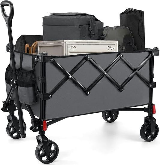 Camping Wagons Carts Foldable, Leonyo 220lbs Beach Collapsible Wagon with Wheels, Heavy Duty Grocery Cart on Wheels for Pet, Shopping, Groceries, Garden, Outdoor Activities, Grey