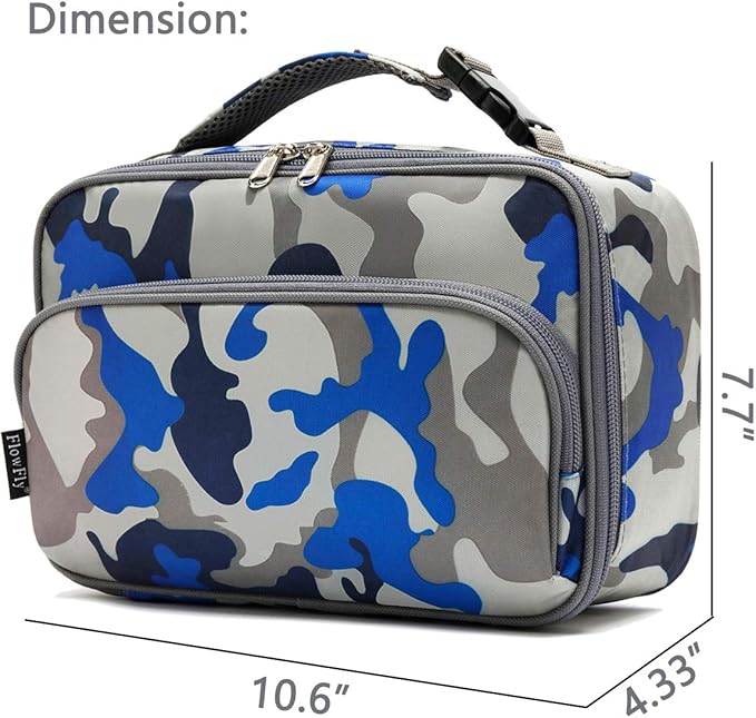 FlowFly Kids Lunch box Insulated Soft Bag Mini Cooler Back to School Thermal Meal Tote Kit for Girls, Boys,Blue Camo