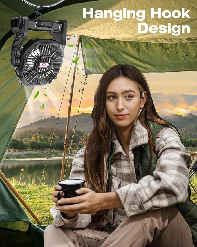 Portable Camping Fan, Rechargeable Battery Operated with LED Lights, Hanging Hook, 270°Rotation, 20000mAh Battery Powered Fan for Beach, Office, Picnic, Fishing, Travel, Tent