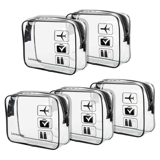 Lermende 2pcs Clear Toiletry Bag TSA Approved Travel Bag,Carry On for Travel,Airport Airline Accessories Compliant Bag,Quart Sized Makeup Cosmetic bag Women Men (Black, 5 Pack)