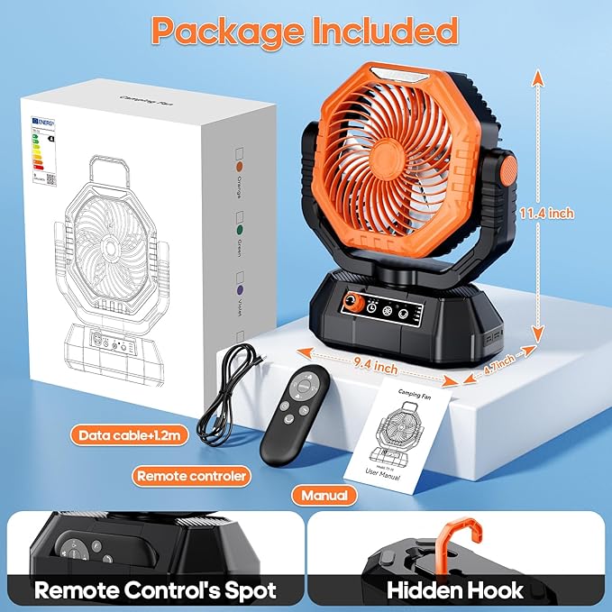 AJVV Camping Fan Rechargeable, Battery Powered Fan With Remote Controller, LED Light, Dual-Blade, Stepless Speed, 45°/90°/270° Swing,Timer, Portable fan For Travel Tent Bedroom Beach Fishing, Orange