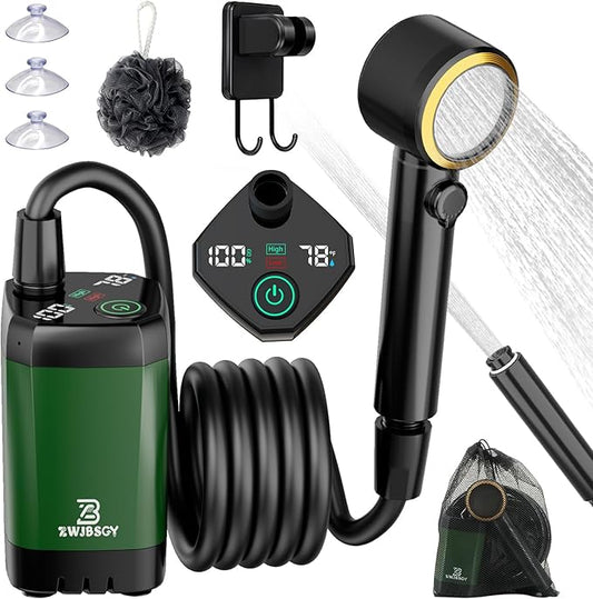 Portable Shower for Camping, Rechargeable Camping Shower Pump, 4 Spray Modes, Smart Intelligent LED Display Outdoor Camp Shower Kit or Camping, Hiking, Traveling, Pet