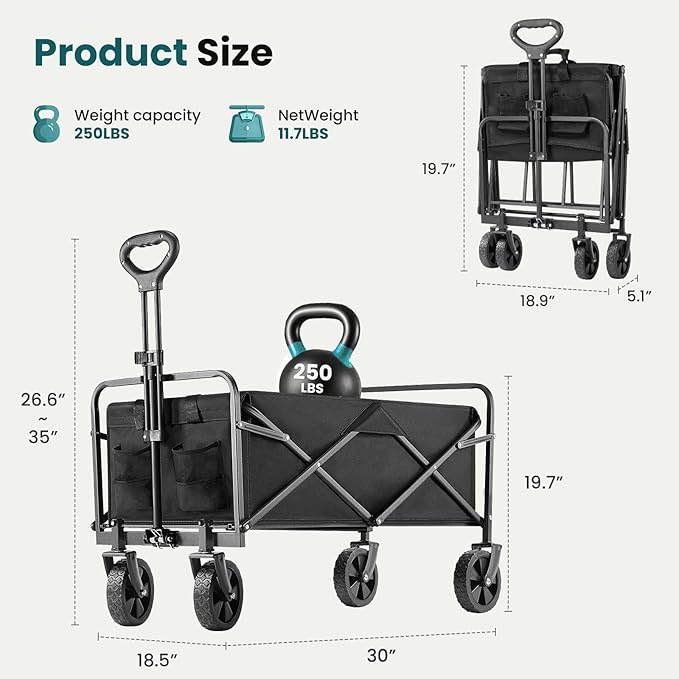 OLIXIS Heavy Duty Wagon Cart with Wheels Foldable,Large Collapsible Wagons Carts with All-Terrain Wheels,Smooth Maneuverability,Suitable for Gardening,Camping and Beach,Black