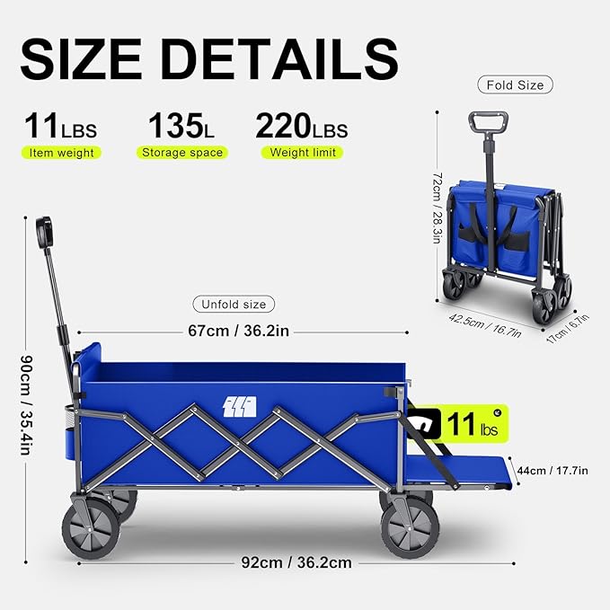 Collapsible Wagons Carts Foldable with Extended Tailgate, Folding Cart on Wheels, Portable Heavy Duty Shopping Carts for Groceries, Apartment, Garden, Camping, Fishing, Outdoor (Blue)