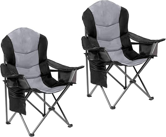 2 Pack Folding Camping Chairs for Adults - High Back Padded Outdoor Lawn Chairs with Lumbar Support & Cup Holder, 400lbs Heavy Duty Portable Camping Chairs Set (Black & Light Gray)