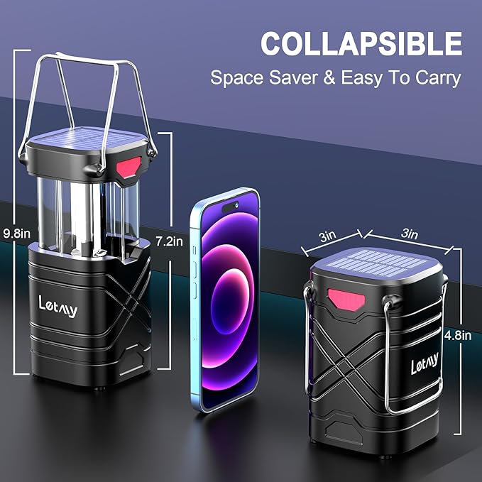 LETMY 4 Pack Camping Lantern, Rechargeable LED Lanterns, Solar Lantern Battery Powered Hurricane Lanterns Flashlight with 3 Powered Ways & USB Cable for Emergency, Power Outage, Hurricane Supplies