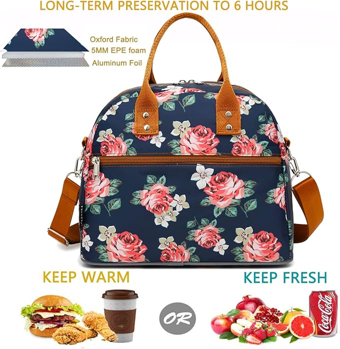 FlowFly Insulated Lunch Bag With Shoulder Strap for Women, Men, and Kids, Large and Reusable, Handle, Freezable Work and School Travel Tote and Meal Prep Organizer,Peony