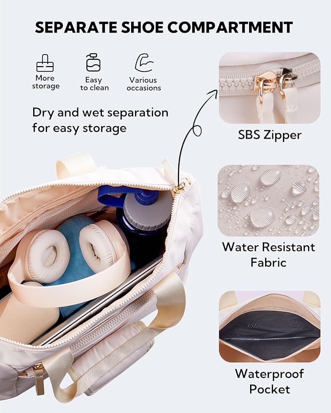 WATERFLY Women's Gym Tote Bag: Lightweight Waterproof Duffel Bag with Compartment Pockets for Woman Carry-on Weekender Overnight Airplane Sports Travel Gym Exercise Duffle Bags