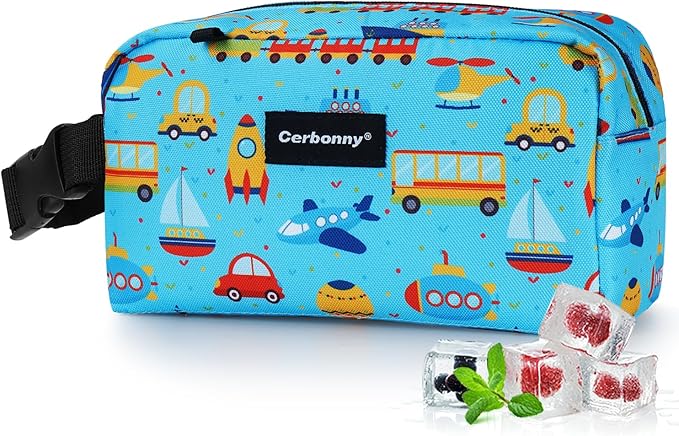 Cerbonny Freezable Lunch Cooler Bag for School/Work Travel, Mini Insulated Cooler, Fit for Yogurt & Snacks, Suitable for 3+, Blue Vehicle Theme