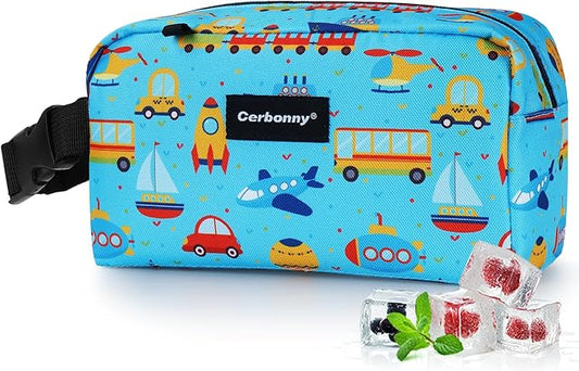 Cerbonny Freezable Lunch Cooler Bag for School/Work Travel, Mini Insulated Cooler, Fit for Yogurt & Snacks, Suitable for 3+, Blue Vehicle Theme