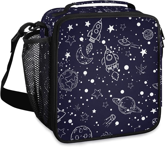 Insulated Lunch Bag for Girls - Reusable Lunch Box Water-Resistant Thermal Cooler Meal Tote Bag with Water Bottle Holder for School Picnic Travel (Universe Rocket)