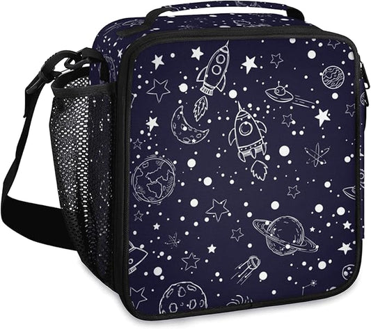 Insulated Lunch Bag for Girls - Reusable Lunch Box Water-Resistant Thermal Cooler Meal Tote Bag with Water Bottle Holder for School Picnic Travel (Universe Rocket)