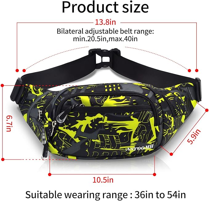 Fanny Packs for Women & Men, 5-Zipper Pockets Waist Bag, Belt Bag for Running Cycling Travel Walking Hiking Fishing Camping (Green)