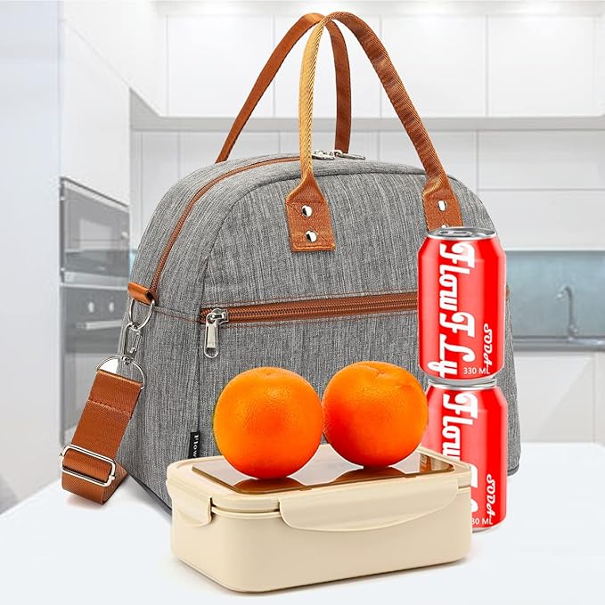 FlowFly Insulated Lunch Bag With Shoulder Strap for Women, Men, and Kids, Large and Reusable, Handle, Freezable Work and School Travel Tote and Meal Prep Organizer,Grey