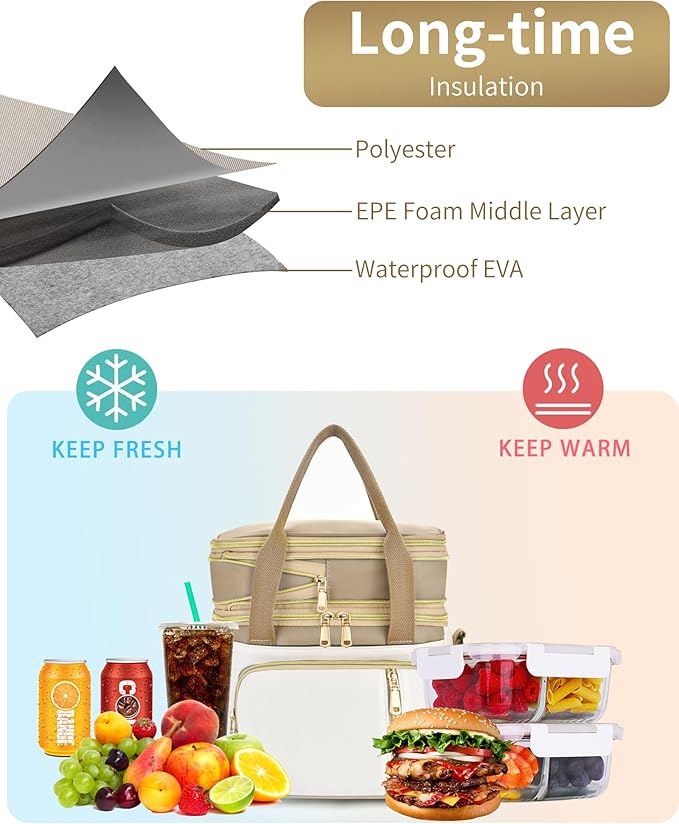 LOKASS Lunch Bag for Women/Men Work, 16L Expandable Double Deck Lunch box, Waterproof Leak-proof Cooler Bag, Portable Meal Prep Lunchbag with Adjustable Shoulder Strap - Brown