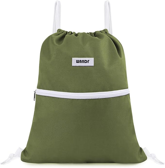 WANDF Drawstring Backpack String Bag Sackpack Cinch Water Resistant Nylon for Sport Yoga Gym Shopping (Dark Green)