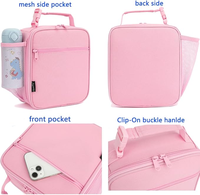 FlowFly Kids Lunch box Insulated Soft Bag Mini Cooler Back to School Thermal Meal Tote Kit for Girls, Boys, Pink