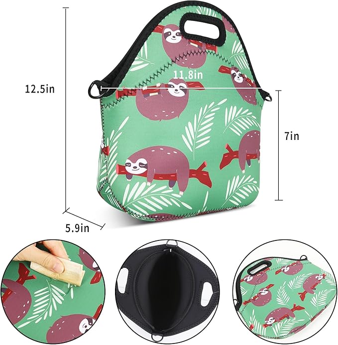 Violet Mist Neoprene Sloth Lunch Bag Insulated Waterproof Lunch Bag Tote Reusable Lunch Box Containers Organizer Food Carrying Lunch Handbag forWomen Men Adult Work Gifts Picnic, S