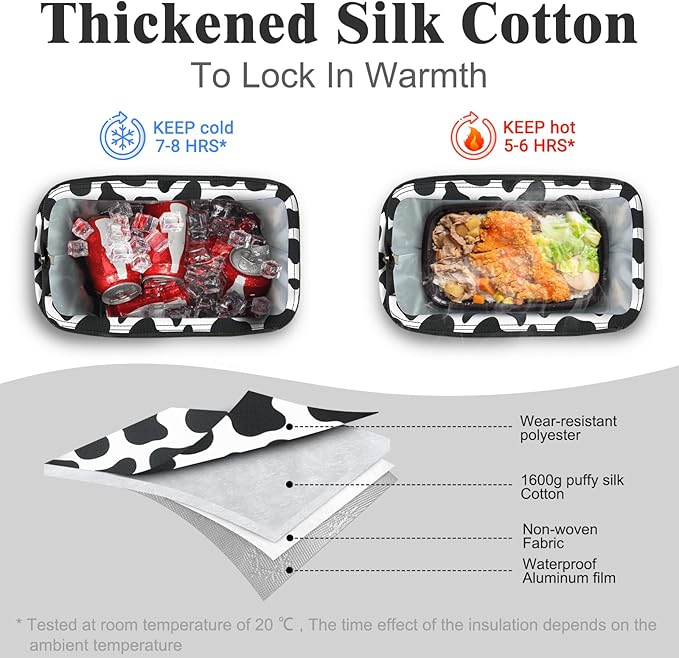 Coobiiya Stylish Quilted Puffer Lunch Box Lunch Bag for Women Men, Ultralight Thickened Leakproof Lunch Cooler Tote, Adult Small Cute Reusable Insulated Lunch Box for Work, Office, Travel (Cow)