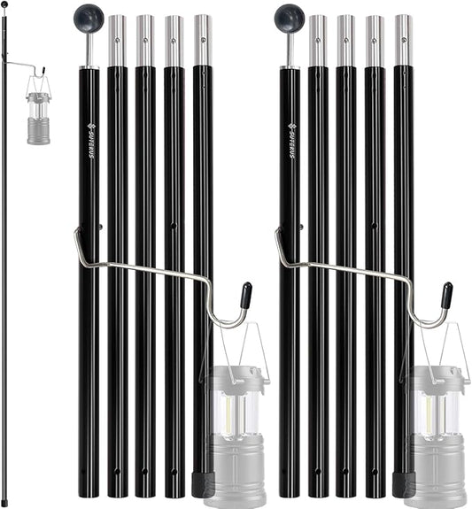 Sutekus Aluminum Poles Tarp Poles Replacement Accessories 5 Section Multifunction Aluminum Rod with Lantern Hook for Camping Shelters Canopy Support 2 Poles (Black)