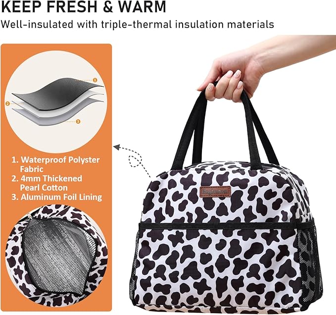 Insulated Lunch Bag for Women Men, Lunch Containers Reusable High Capacity Lunch Tote Bags for for Work Picnic (Cowprint-Mesh)