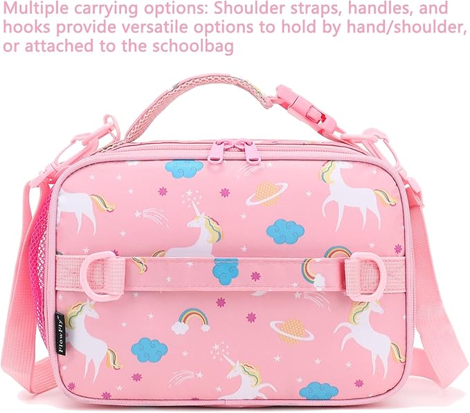 FlowFly Kids Lunch Bag, Durable Insulated School Lunch Box with Shoulder Strap and Bottle Holder, Water-resistant Thermal Small Lunch Cooler Tote for Teen Boys & Girls,Pink#Unicorn