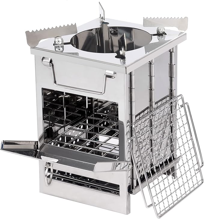 REDCAMP Wood Burning Folding Camp Stove Stainless Steel Grid and Pot Stand, Portable Collapsible Backpacking Stove Survival Rocket Stove for Hiking Outdoor Tent Camping Picnic, Samll with Pot Stand