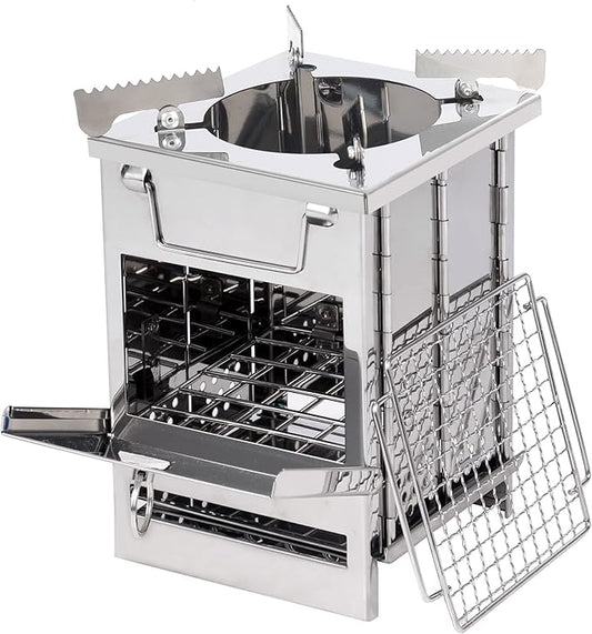 REDCAMP Wood Burning Folding Camp Stove Stainless Steel Grid and Pot Stand, Portable Collapsible Backpacking Stove Survival Rocket Stove for Hiking Outdoor Tent Camping Picnic, Samll with Pot Stand