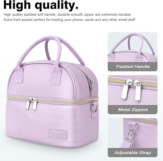 BALORAY Lunch Bag for Women Men, Double Deck Lunch Box for Adults, PU Leather Lunch Tote Bag Insulated Lunch Bags with Strap for Work Office Picnic (Purple)