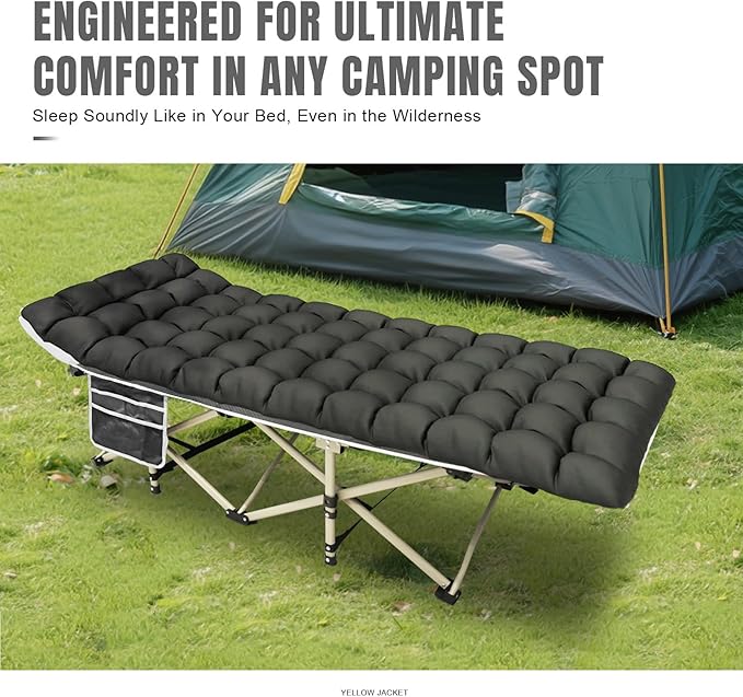 YELLOW JACKET Camping Cot with Mattress for Adults, Folding Sleeping Cot 600lbs Max Load, Portable Camping Cot with Carry Bag, 28" Wide Cot for Camping, Home,Office,Travel (Black)