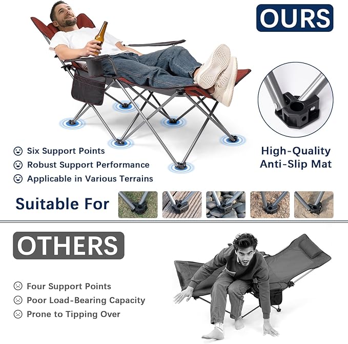 apollo walker Camping Chairs for Adults - 6 Legged Beach Chair with Foot Rest, Adjustable 90° - 135° Reclining Lounge Chair Outdoor, Folding Chairs for Outside with Detachable Pillow & Carry Bag Red