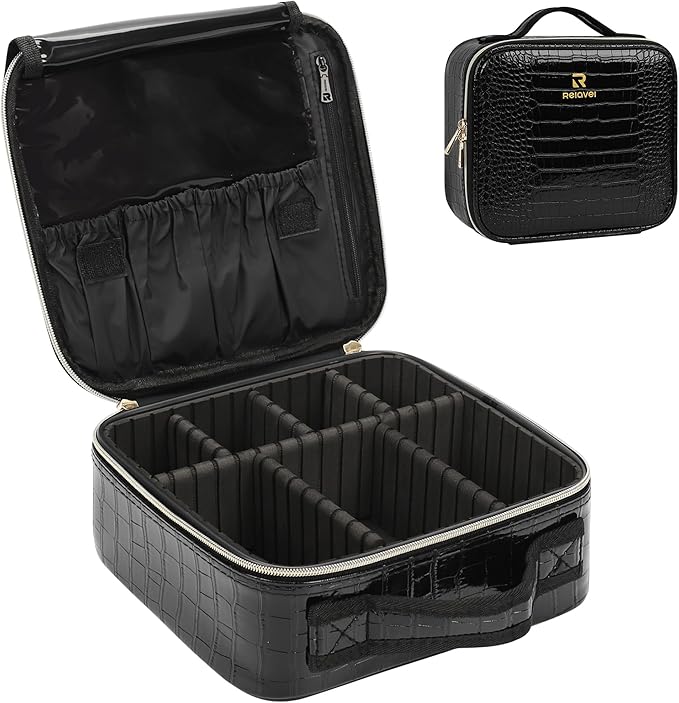 Relavel Travel Makeup Case, Train Case Makeup Brush Organizer, Professional Makeup Artist Makeup Bag, with Adjustable Partition and Shoulder Straps (Crocodile, Small)