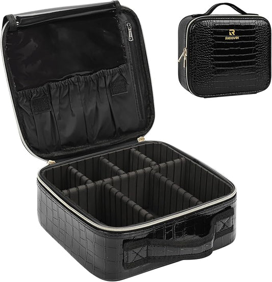 Relavel Travel Makeup Case, Train Case Makeup Brush Organizer, Professional Makeup Artist Makeup Bag, with Adjustable Partition and Shoulder Straps (Crocodile, Small)