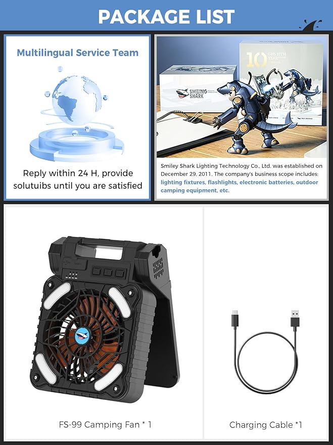 Smiling Shark Camping Fan with LED Lantern, 6000 mAh Rechargeable Solar Camp Fan with 4 Speeds Powerful Wind & 3 Timer 90° Foldable Cordless Portable Tent Fan for Camping Fishing Hiking