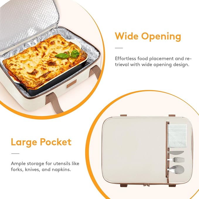 Double Decker Insulated Casserole Carrier for Hot or Cold Food, Lasagna Lugger Tote for Potluck Parties/Picnic/Cookouts, Fits 9"×13" Baking Dish, Cream