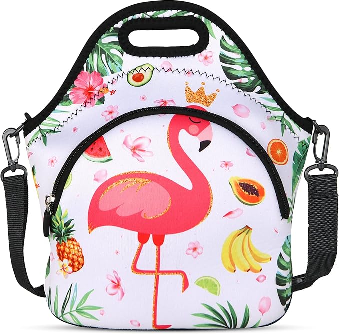 Violet Mist Neoprene Lunch Bag Reusable Insulated Cartoon Flamingo Snack Bags Animal Work Picnic Travel Tote Food Handbags, Unisex, 12.6"L x 11.8"H x 6.13"W
