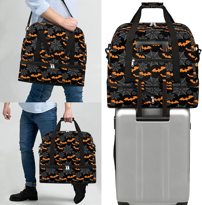cfpolar Woman Travel Duffel Bag Halloween Bat Spider Web Foldable Tote Carry On Luggage Sports Gym Bag With Shoe Compartment Overnight Weekend Yoga Workout Bag Training Handbag