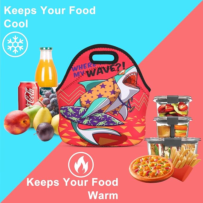 Violet Mist Pink Shark Neoprene Lunch Bag for Men Women Insulated Cute Lunch Box Tote Washable HandBags with Zipper for Adult Work Travel Picnic Thanksgiving Christmas Gift