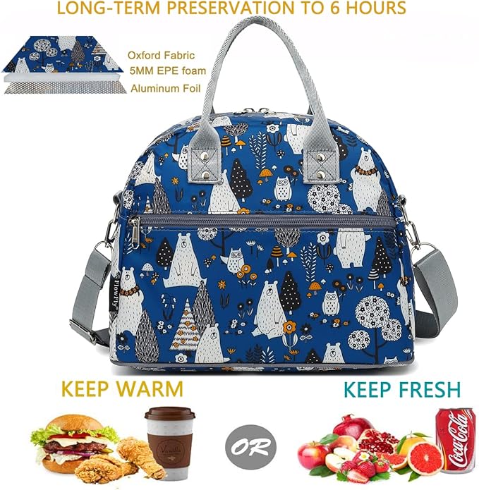 FlowFly Insulated Lunch Bag With Shoulder Strap for Women, Men, and Kids, Large and Reusable, Handle, Freezable Work and School Travel Tote and Meal Prep Organizer,Owl