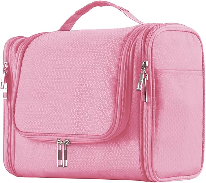Buruis Large Capacity Toiletry Bag for Women and Men, Hanging Toiletry Organizer Cosmetics Makeup Bag, Water-resistant Dopp Kit Shaving Bags for Full Sized Toiletries, Travel Essentials (Pink)
