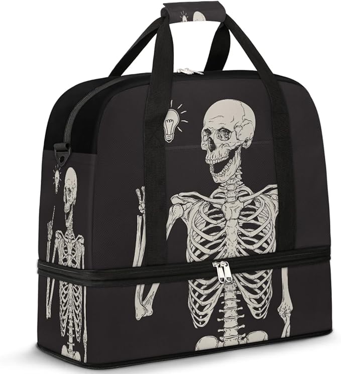 Black Skull Human Skeleton Foldable Travel Duffel Bag Sports Tote Gym Bag With Shoe Compartment For Woman Man Carry On Luggage Overnight Travel Weekend Yoga Workout Bag Training Handbag