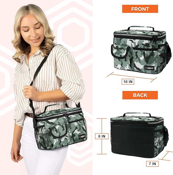 opux Insulated Lunch Bag for Men Women, Leakproof Camo Green Lunch Box for Work, Portable Soft Lunch Cooler Bag with Shoulder Strap, Adult Lunchbox Lunch Pail for Kid Boy Girl School, 14 Can/8L
