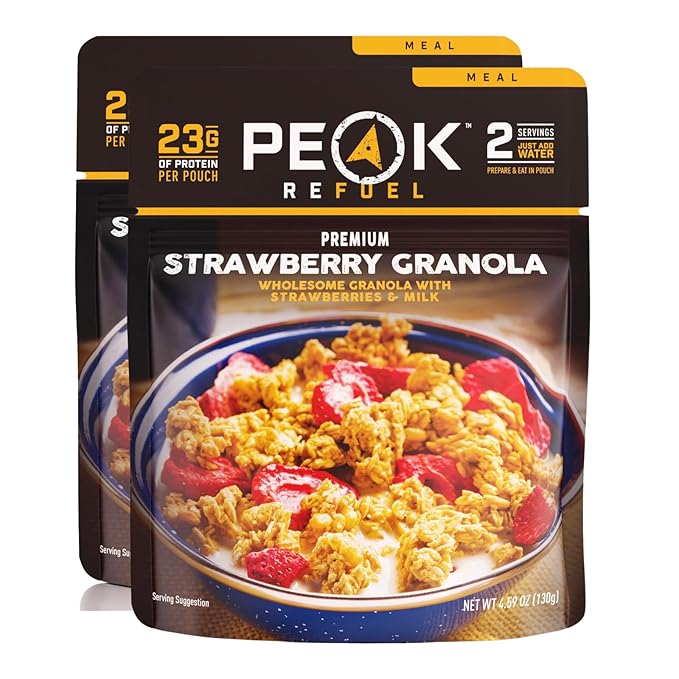 Peak Refuel Strawberry Granola 2-Pack | Freeze Dried Backpacking, Camping & Emergency Prep Food | 2 Servings Pouches