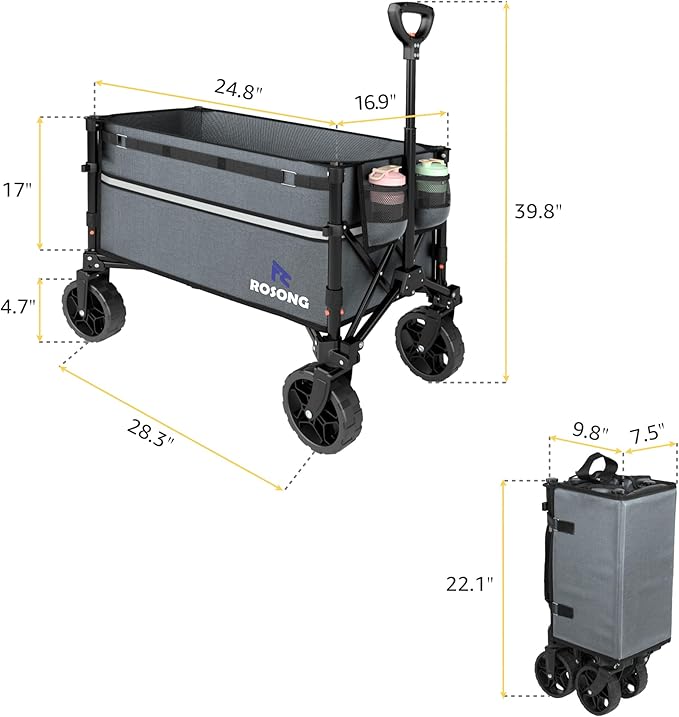 Collapsible Wagon Cart with Wheels Foldable - Folding Utility Heavy Duty Wagons Carts for Grocery Sports Garden Shopping Camping Grey