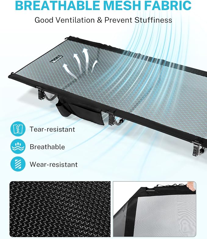 Gonex 31.5" Extra Wide Camping Cot with Breathable Mesh Fabric Supports 350lbs, Portable Ultralight Folding Cot Bed for Adults Travel, Beach, Home, Sleeping (Mesh)