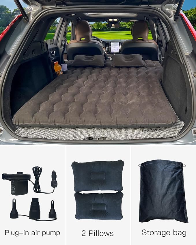 SUV Air Mattress, Inflatable SUV Mattress Bottle and Phone Holder Thickened Flocking & PVC Surface Car Air Mattress with Electric Air Pump Travel Mattress for Car Camping Road Trip (Black)