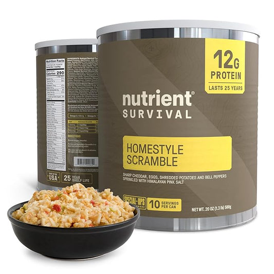 Nutrient Survival MRE Homestyle Scramble Eggs, Ready to Eat Meals (10 Servings) Freeze Dried Prepper Supplies & Emergency Food Supply, 40 Essential Nutrients, Shelf Stable Up to 25 Years, One Can